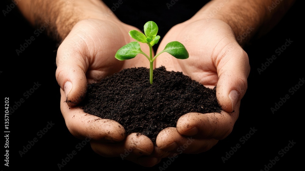 Hands Holding Soil with a Green Seedling Growing Against Black Background Hands Holding Soil with a Green Seedling Growing Against Black Background