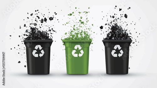 Three cylindrical recycling bins are depicted against a light gray background.  One central bin is green, while the two flanking bins are black. Each bin features a recycle symbol.  Black and green