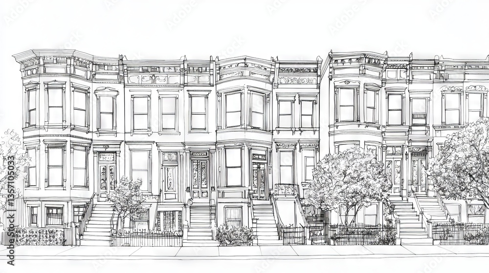 Obraz premium A sketch of city street row houses in winter highlights architectural design elements