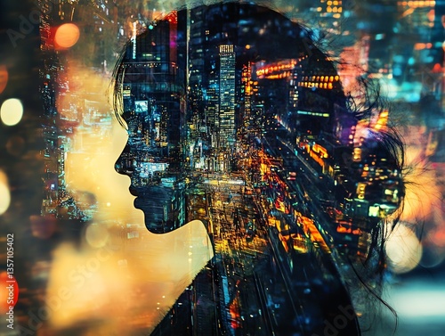 Silhouette of a woman with city lights reflection.