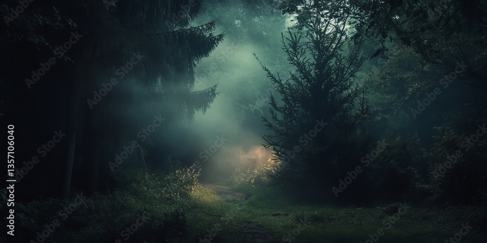 a misty pathway through a dark and mysterious forest, creating an atmosphere of intrigue