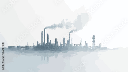The image depicts a monochromatic view of an industrial landscape shrouded in thick fog or smog.  Several tall factory chimneys emit dark smoke into the hazy atmosphere. The industrial buildings