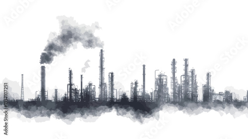 The image presents a grayscale abstract depiction of an industrial landscape.  Numerous factory chimneys, rendered in varying heights and thicknesses, dominate the composition.  A significant plume