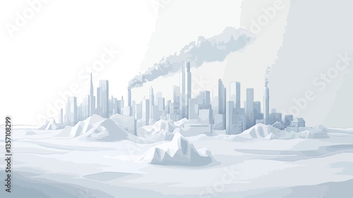 The image depicts a stylized, minimalist rendering of an industrial city engulfed in a snowy, icy landscape. The city is represented by simplified, geometric structures, while smoke plumes rise