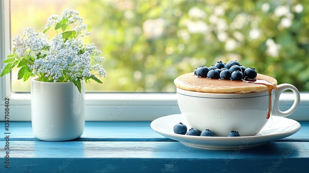 Obraz premium Breakfast pancake in cup, flowers, window, sunny morning