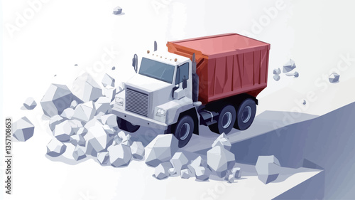 Digital illustration of a low-poly dump truck, primarily white with a red cargo bed, positioned on the edge of a cliff. The truck appears to be dumping or has already dumped a load of white,