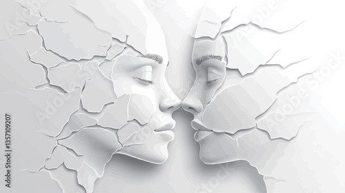 Close-up view of a minimalist, abstract artwork depicting two faces in profile, seemingly embracing. The style is reminiscent of a bas-relief sculpture, rendered in monochrome white.  The faces are