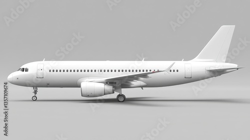 White passenger airplane model, three quarter view, isolated on light gray background. Clean design, no markings.