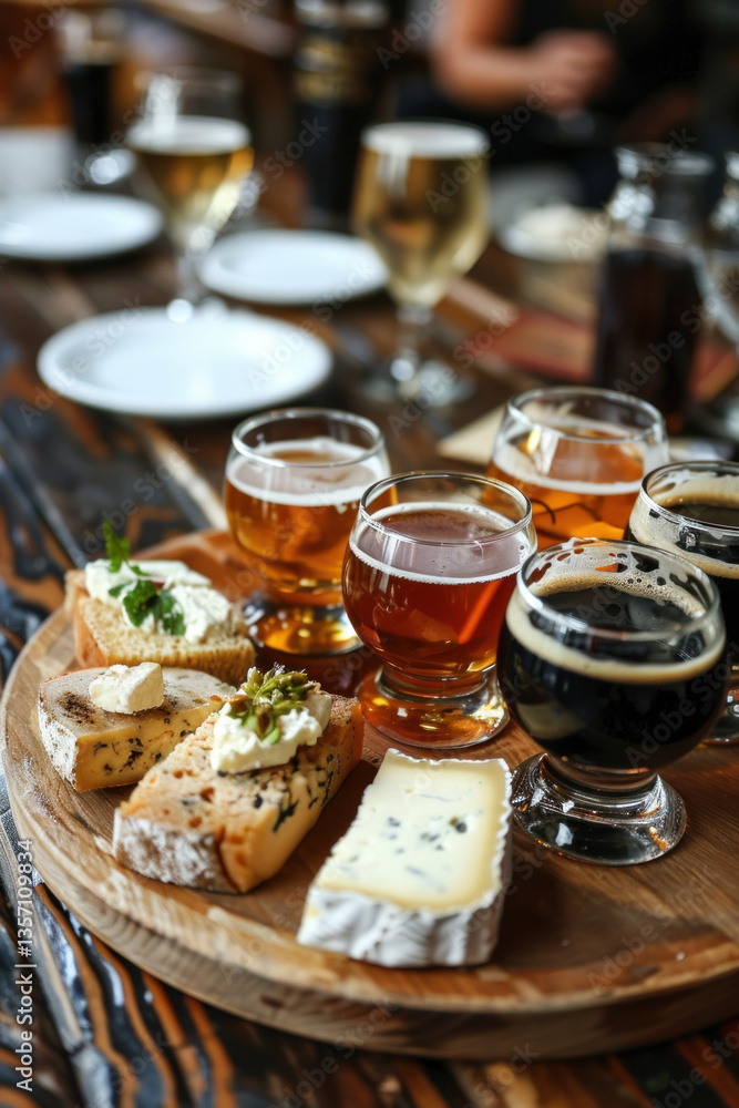 Beer flight served with a pairing menu of artisan cheeses, brewery setting Beer flight served with a pairing menu of artisan cheeses, brewery setting