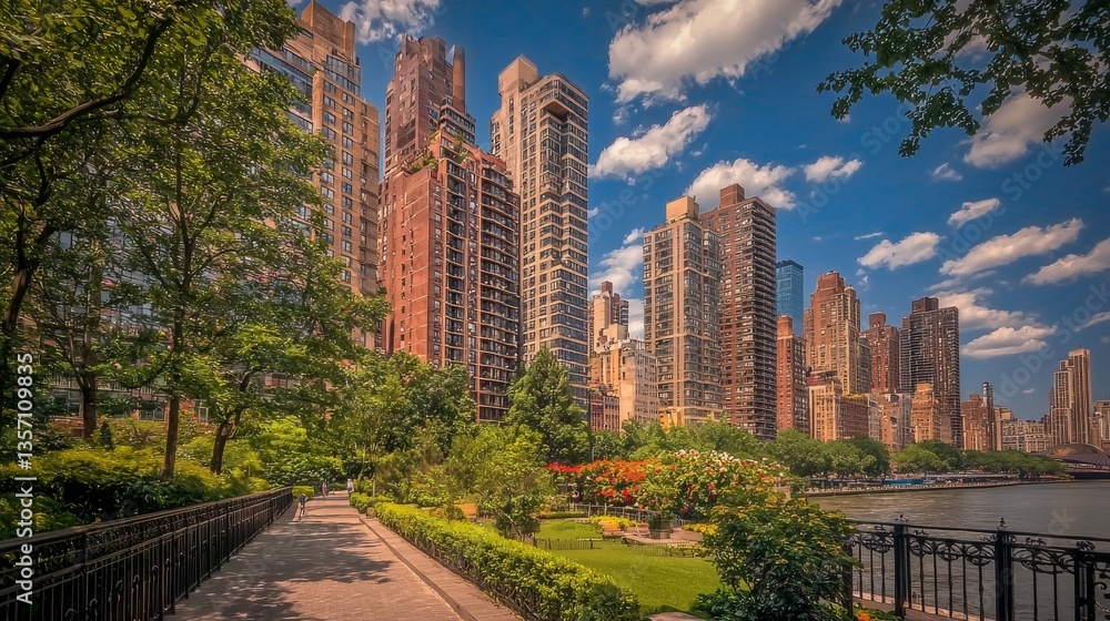 Obraz premium Travel to the city and experience its stunning urban landscape, featuring a picturesque riverside promenade, impressive skyscrapers, and warm sunny days