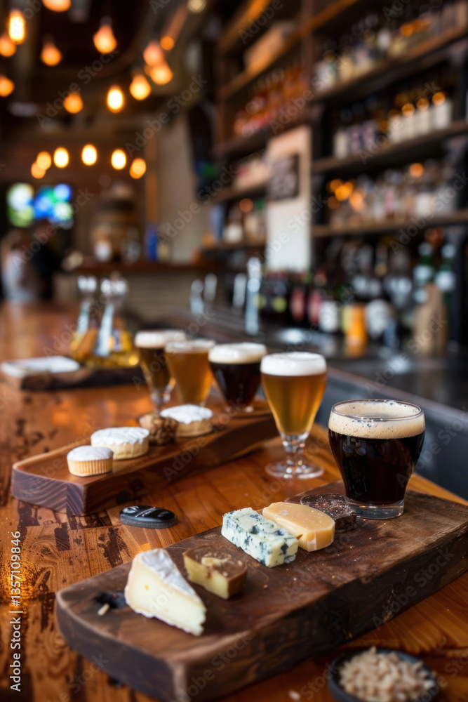Beer flight served with a pairing menu of artisan cheeses, brewery setting Beer flight served with a pairing menu of artisan cheeses, brewery setting