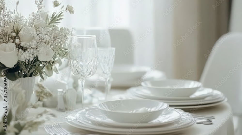 Elegant White Table Setting With Floral Arrangement For Special Occasion Dinnerware And Glassware At Home Or Restaurant Setting For A Special Occasion With Fresh Flowers And Soft Lighting Suitable Elegant White Table Setting With Floral Arrangement For Special Occasion Dinnerware And Glassware At Home Or Restaurant Setting For A Special Occasion With Fresh Flowers And Soft Lighting Suitable