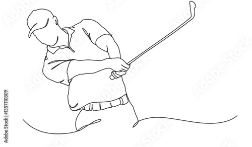 Man Playing Golf Oneline Continuous Single Line Art Editable Line. Single continuous line drawing of young happy golf player swing the golf club.