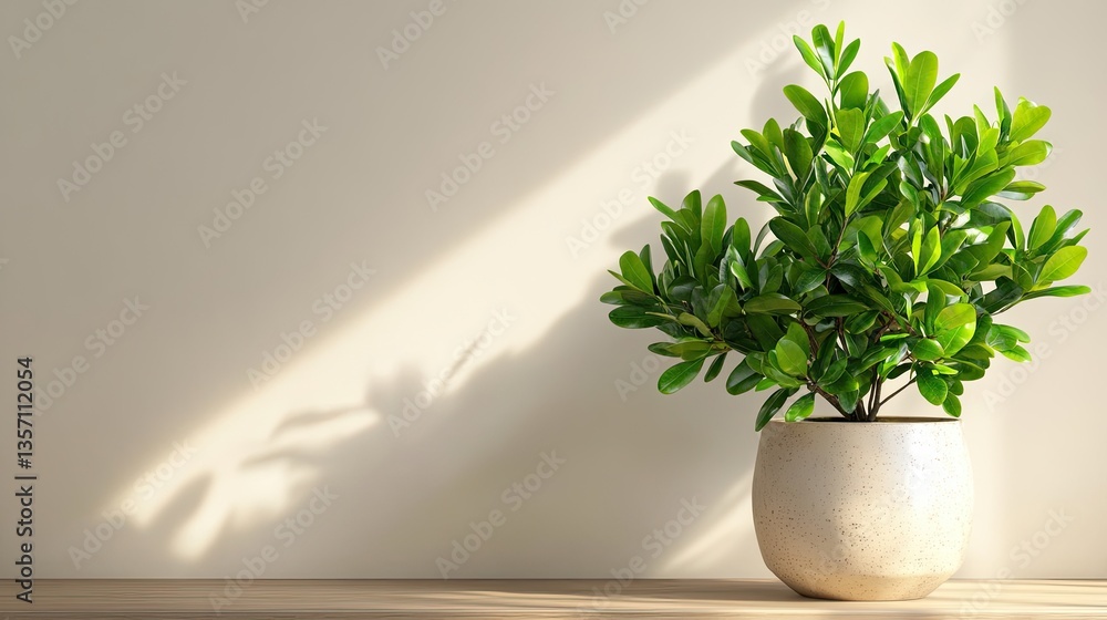 Fototapeta premium Green Indoor Plant in Modern Pot with Soft Shadow on Wall