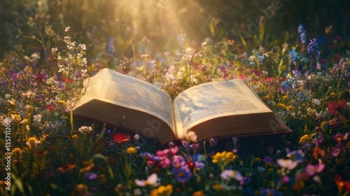 Open book rests in a field of wildflowers bathed in sunlight