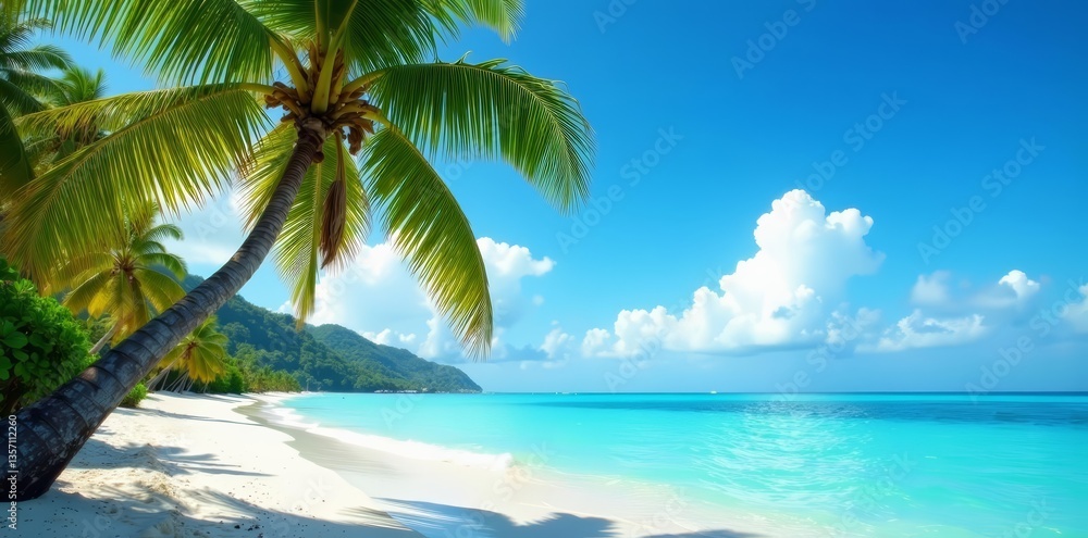 Tropical paradise with coconut palm trees, clear blue sky, and turquoise ocean waters, beach, sea, paradise Tropical paradise with coconut palm trees, clear blue sky, and turquoise ocean waters, beach, sea, paradise