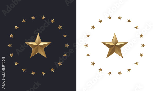 Set of gold stars in a circle with a big star in the middle Isolated on dark and light background Vector illustration of a round frame with gold stars for badge, emblem and seal