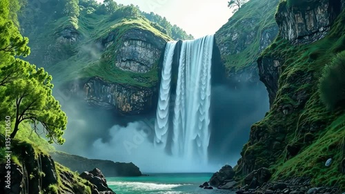 Majestic Waterfall Cascades into Turquoise Pool in Lush Green Valley