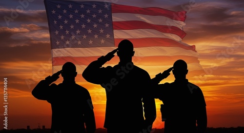 Saluting Heroes: Silhouette of soldiers saluting in front of the American flag at sunset. Represents patriotism, courage, and sacrifice. Capturing the spirit of service.