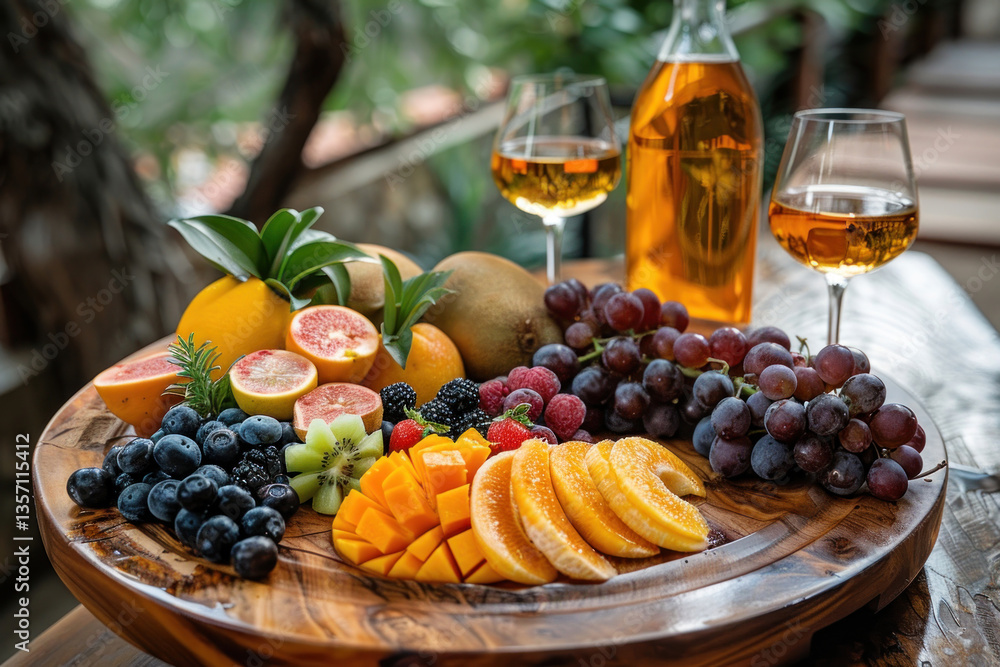 Brandy served with locally-sourced organic fruits on a wooden platter Brandy served with locally-sourced organic fruits on a wooden platter