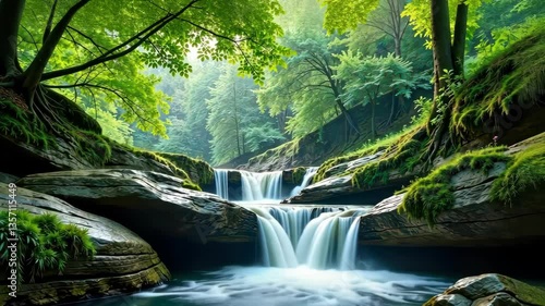 Serene waterfall cascades through lush green forest with mossy rocks