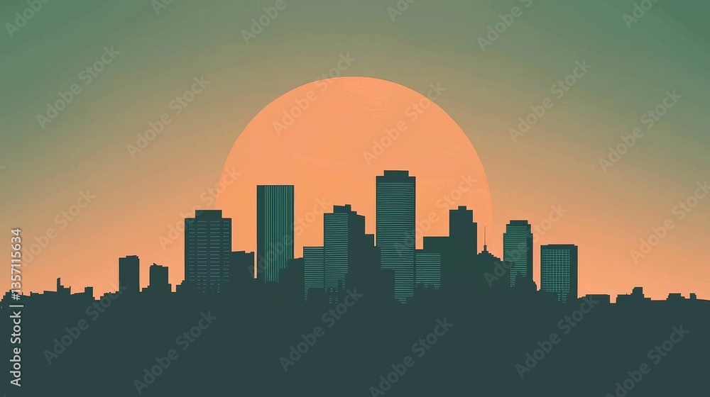 Naklejka premium A website banner featuring a cityscape at sunset, with its urban skyline and vibrant sky, makes for a great background design