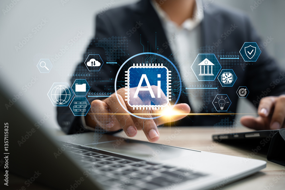 Naklejka premium AI technology and automation in business, Businessman using artificial intelligence to analyze big data, Optimize efficiency, Automate daily tasks, Enhancing productivity and future innovation.