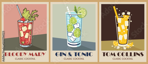 Cocktails retro poster set. Gin and Tonic, Tom Collins, Bloody Mary. Collection of popular alcohol drinks. Vintage style flat vector illustrations for bar, pub, restaurant, kitchen wall art print.