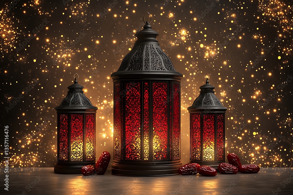 Fototapeta premium Ramadan lanterns with dates for sparkling background.