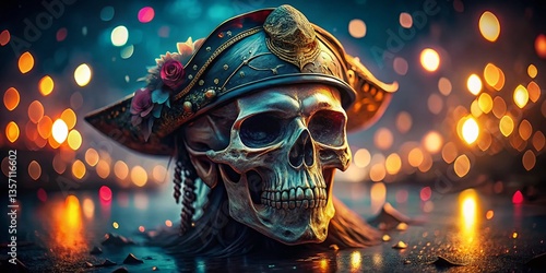 Bokeh Pirate Skull Clipart:  Spooky Halloween & Adventure Design Element