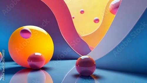 Colorful spheres dance in a vibrant, abstract landscape, creating a mesmerizing visual journey.