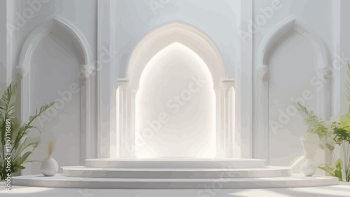 The image depicts a digitally rendered minimalist interior space. The dominant color is white, showcasing a series of pointed archways of varying sizes. A central, large archway acts as a focal