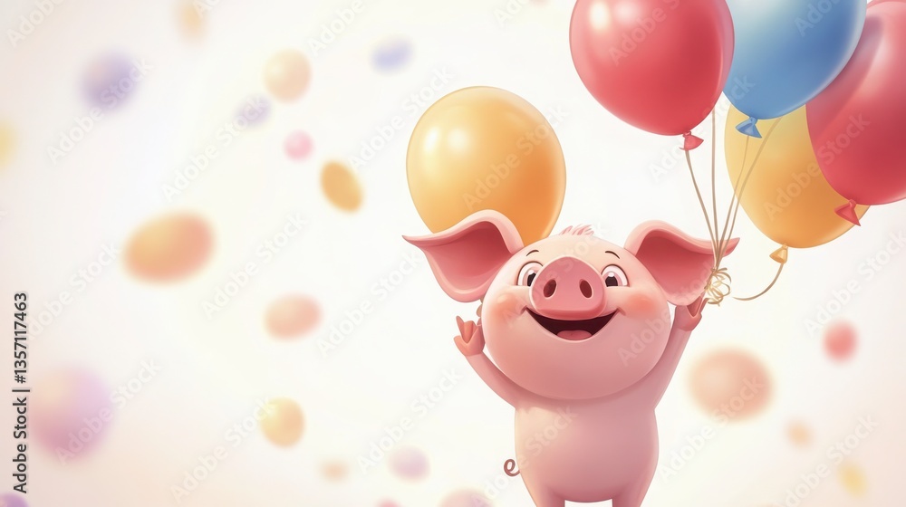 Happy Pink Pig with Pastel Balloons Floating on White Backgrounds and Celebrations Decorations for Party and Holiday Celebrations. Whimsical and Playful Design. Featuring Cute and Adorable Happy Pink Pig with Pastel Balloons Floating on White Backgrounds and Celebrations Decorations for Party and Holiday Celebrations. Whimsical and Playful Design. Featuring Cute and Adorable