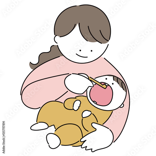 歯磨きをするお母さんと赤ちゃん_横抱き