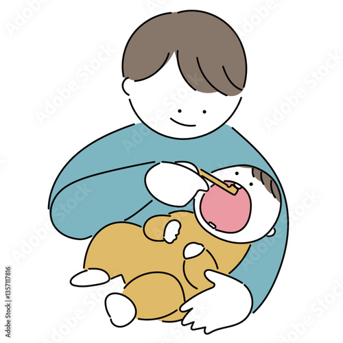 歯磨きをするお父さんと赤ちゃん_横抱き