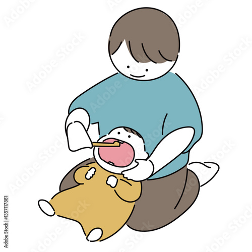 歯磨きをするお父さんと赤ちゃん_膝枕