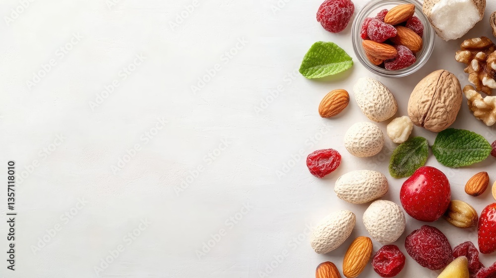 Colorful Display of Nuts and Berries on a White Background Colorful Display of Nuts and Berries on a White Background