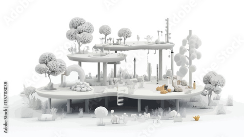 The image presents a monochrome, miniature model of a fantastical landscape.  The scene is dominated by white, suggesting a feeling of sterility or purity.  Various miniature architectural