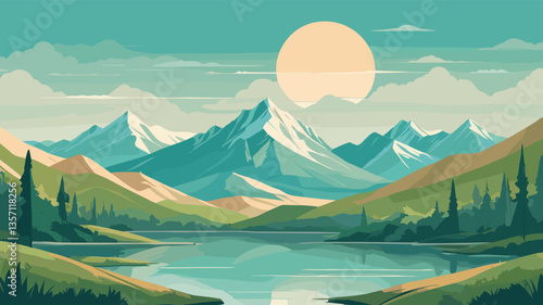 Landscape with mountain range with a river running. The mountains are covered in snow and the sky is clear. The scene is peaceful and serene, with the mountains and river creating a sense of calm