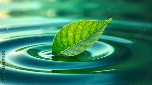 Serene Green Leaf Gently Floating on Ripples of Tranquil Turquoise Water