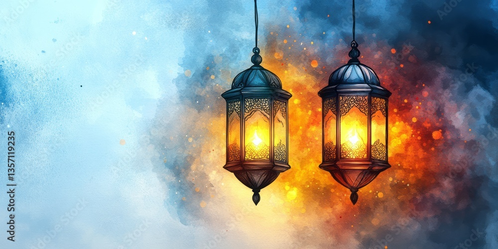 Two hanging ornate lanterns provide light against a watercolor background Two hanging ornate lanterns provide light against a watercolor background