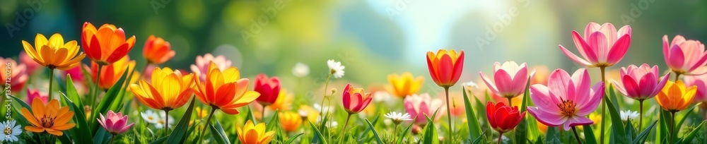 Vibrant array of spring flowers in full bloom on a sunny day, vibrant, garden, sunny Vibrant array of spring flowers in full bloom on a sunny day, vibrant, garden, sunny