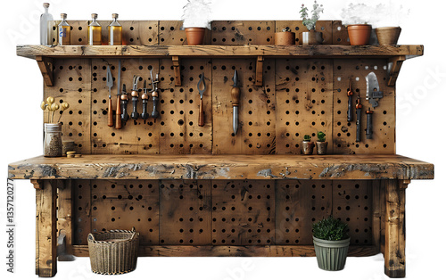 Rustic Wooden Workshop Bench with Tools and Plants   Perfect for DIY Crafts and Gardening