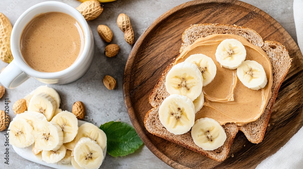Toast with Peanut Butter and Banana Slices on Wooden Plate Toast with Peanut Butter and Banana Slices on Wooden Plate