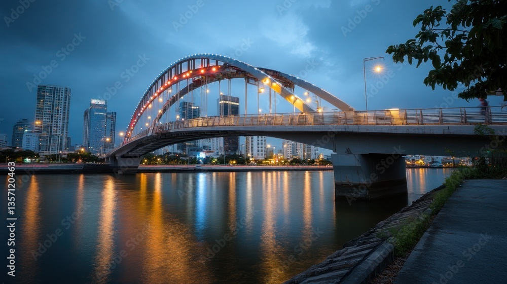 Colorful Night View of Modern Bridge with City Skyline Reflections Colorful Night View of Modern Bridge with City Skyline Reflections