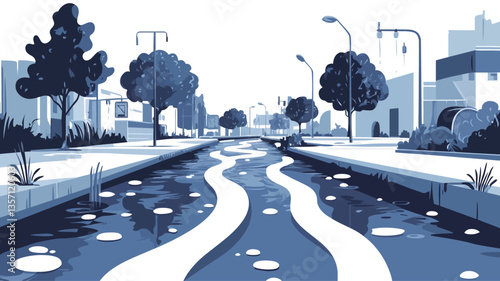 A digital illustration depicting a canal running through an urban environment.  The style is minimalist and flat, utilizing a monochromatic blue color palette. The perspective is a long shot down