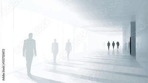 The image depicts several dark, indistinct human silhouettes walking down a long, brightly lit corridor. The walls and floor are uniformly white, creating a stark contrast with the figures. The