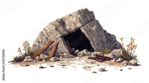 Digital painting of a stone shelter or rock cave entrance. The image shows a large, irregularly shaped rock with a dark opening that suggests an entrance.  The rock is predominantly light gray and