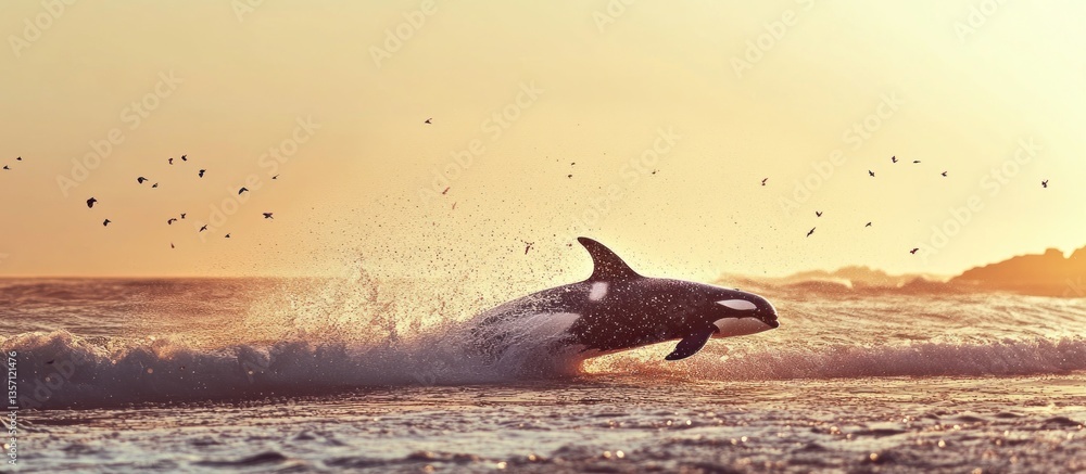 Fototapeta premium Orca leaping ocean wave sunset; birds fly