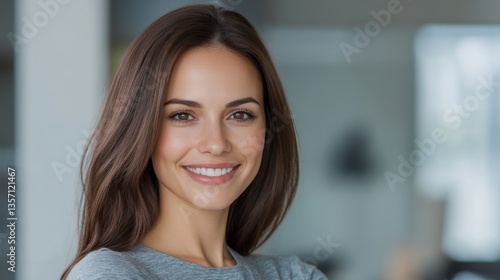 Close up portrait of a smiling young woman with long brown hair, wearing a gray sweater against a blurred background. Natural lighting enhances her features. Free Download Close up portrait of a smiling young woman with long brown hair, wearing a gray sweater against a blurred background. Natural lighting enhances her features. - GFXLoad